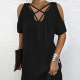 Women's Solid Color Casual Dress – Loose Fit with Hip Wrap Detail, Versatile Short-Sleeved Skirt