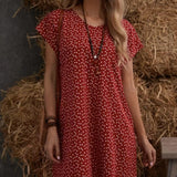 Women's Heart-Shaped Printed Short Dress – Round Neck, Large V-Neck Detail for Casual Vacations