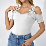 Ladies' V-Neck Solid Color Lace Patchwork T-Shirt | Lightweight and Fashionable Casual Top