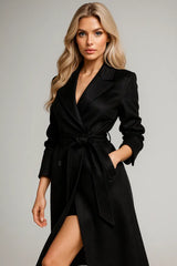 Elegant long black wool coat for women - belted wrap style outerwear for winter fashion