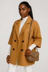 Chic camel short-sleeve wool coat for women – modern oversized fall outfit