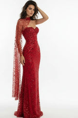 Red sequin mermaid evening gown with sheer embellished cape, elegant formal dress for women