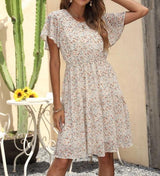Women's V-Neck Floral Print Butterfly Sleeve Dress | European & American Style Vacation Dress