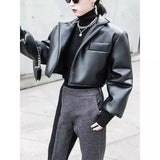 Women's Cropped Leather Jacket with Pocket-1
