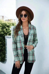 Womens Casual Plaid Blazer-Light Green-1