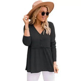 Womens V-Neck Buttoned Tunic Top-Black-1