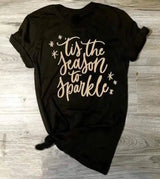 Festive Graphic Tee with Sparkle Slogan-Black-1