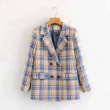 Plaid Double-Breasted Blazer for Women-Blue-1