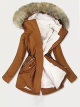 Plus Size Fleece Jacket with Faux Fur Trim-Caramel-1