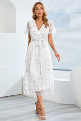 Sequin Leaf Embroidery Tie Front Short Sleeve Dress-White-8