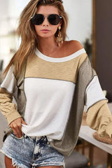 Exposed Seam Contrast Round Neck Long Sleeve Top-2