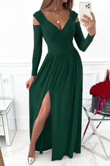 Slit Surplice Long Sleeve Maxi Dress-Dark Green-1