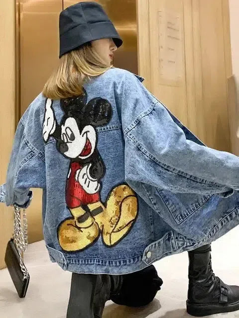 Oversized Cartoon-Embroidered Denim Jacket – Trendy and Playful