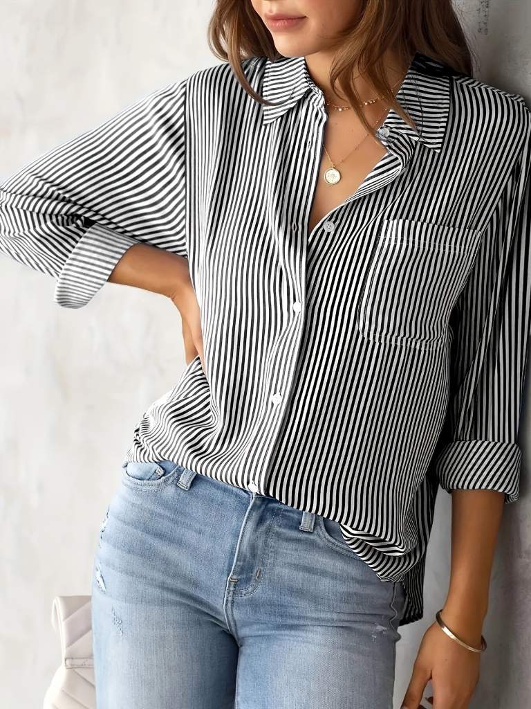 Ladies' Classic Striped Print Long Sleeve Shirt with Pockets – Casual & Functional