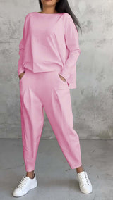 Women's Irregular Design Long-sleeved Sweater Harem Pants Suit-Pink-11