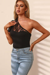 Perfee Spliced Lace One-Shoulder Bodysuit-4