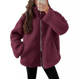 Winter Lapel Zip-Up Fleece Coat – Casual Solid Color Jacket with Pockets | Cozy Long-Sleeve Outerwear for Women-Wine Red-5