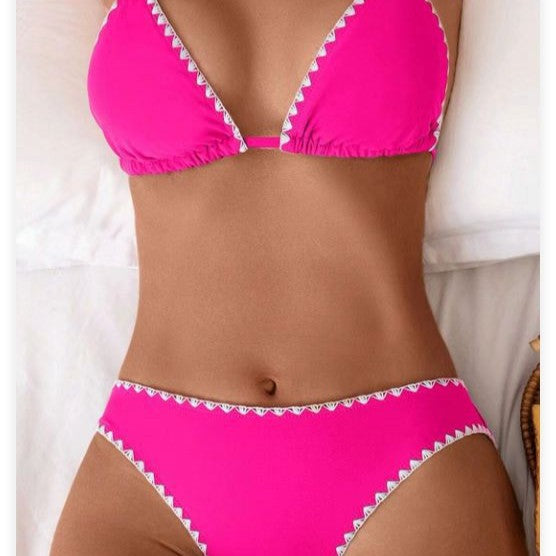 Solid-color Floral-print Halter-style Two-piece Swimsuit