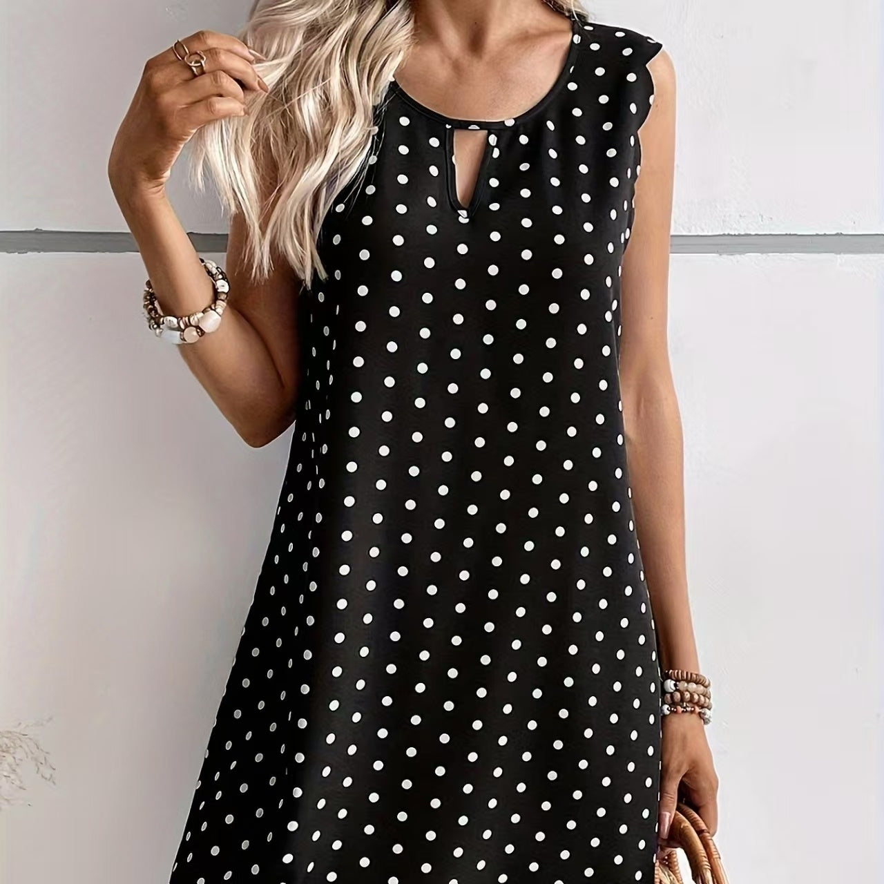 Ladies' Fashionable Casual Pullover Polka Dot Dress With Hollowed Out Collar And Round Neck Wavy Edge Skirt