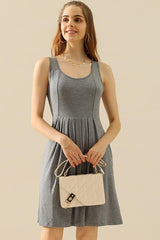 Doublju Full Size Round Neck Ruched Sleeveless Dress with Pockets-H GREY-1