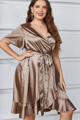 Plus Size Belted Ruffled Surplice Dress-3