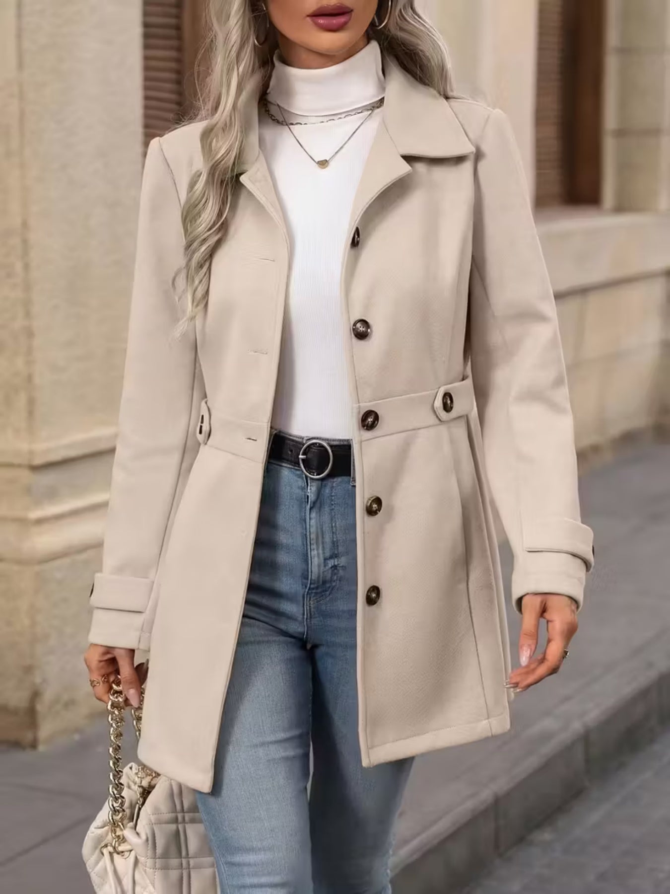 Elegant Wool Blend Lapel Coat