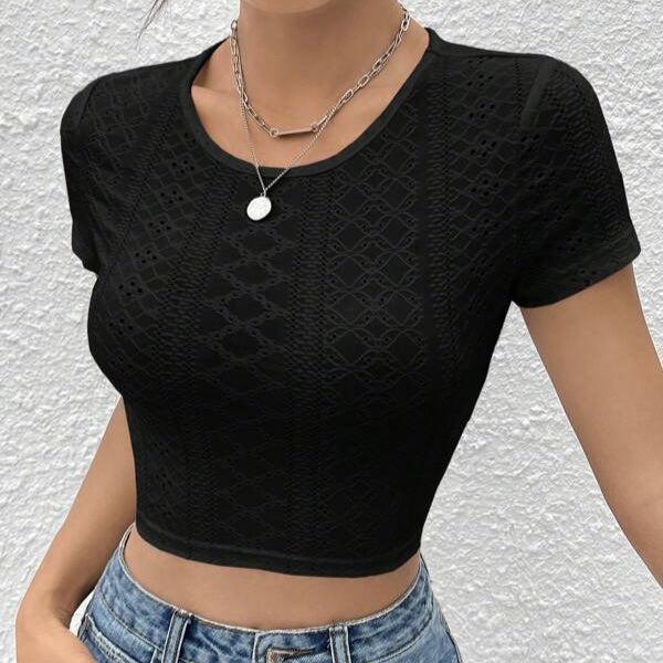 Ladies’ Solid Color Hollowed Out Knitted Back Tied Round Neck Top | Fashionable Figure-Hugging Tee