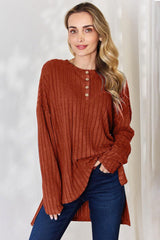 Basic Bae Full Size Ribbed Half Button Long Sleeve High-Low T-Shirt-Rust-23