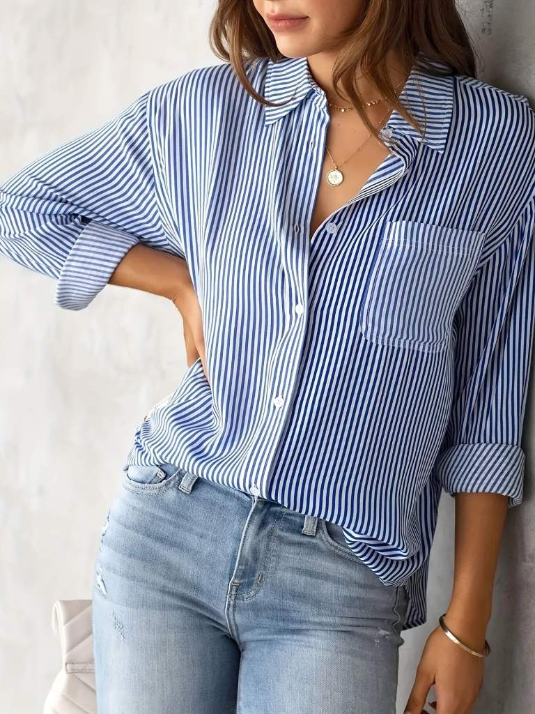 Ladies' Classic Striped Print Long Sleeve Shirt with Pockets – Casual & Functional