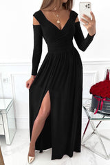 Slit Surplice Long Sleeve Maxi Dress-Black-4