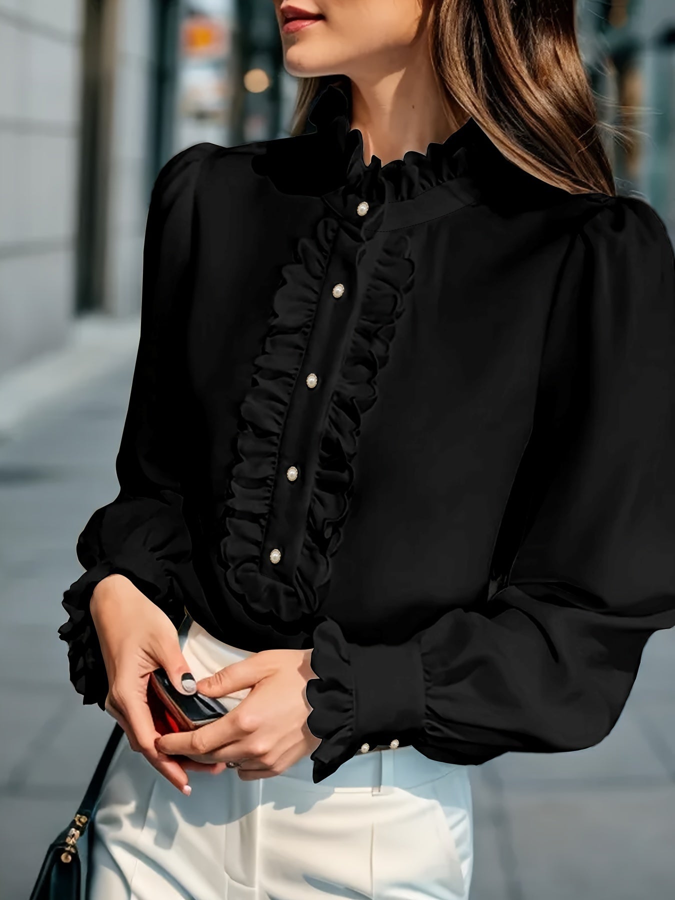 Fashionable Stand-Up Collar Long-Sleeved Shirt with Lotus Leaf Hem | Elegant & Unique