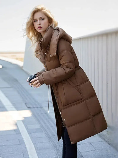 Elegant Over-the-Knee Puffer Coat – Cozy Winter Luxury