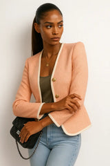 Elegant peach pink blazer for women – chic fitted jacket with gold buttons for work or casual wear