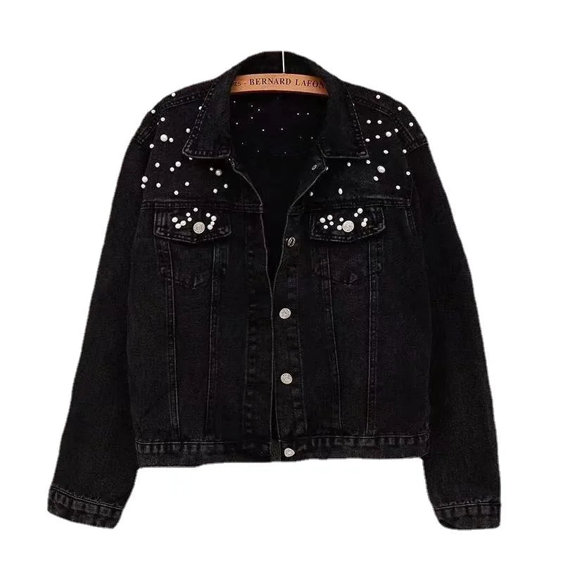 Pearl-Embellished Denim Jacket – Glamorous Twist on a Classic