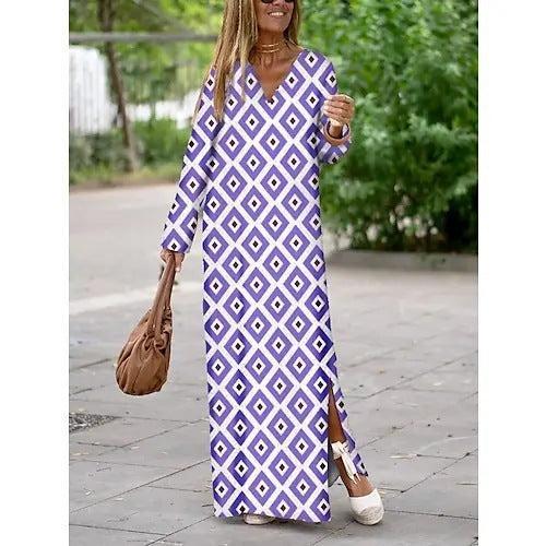 Summer Chic: Geometric Printed V-Neck Long Dress with Slit & Long Sleeves