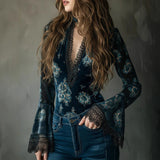 Retro Lace Panel V-Neck Blouse