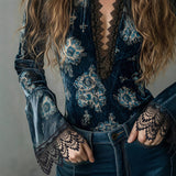 Retro Lace Panel V-Neck Blouse