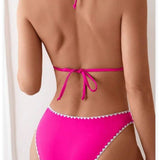 Solid-color Floral-print Halter-style Two-piece Swimsuit