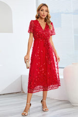 Sequin Leaf Embroidery Tie Front Short Sleeve Dress-16