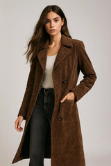Long brown suede coat with button details for women
