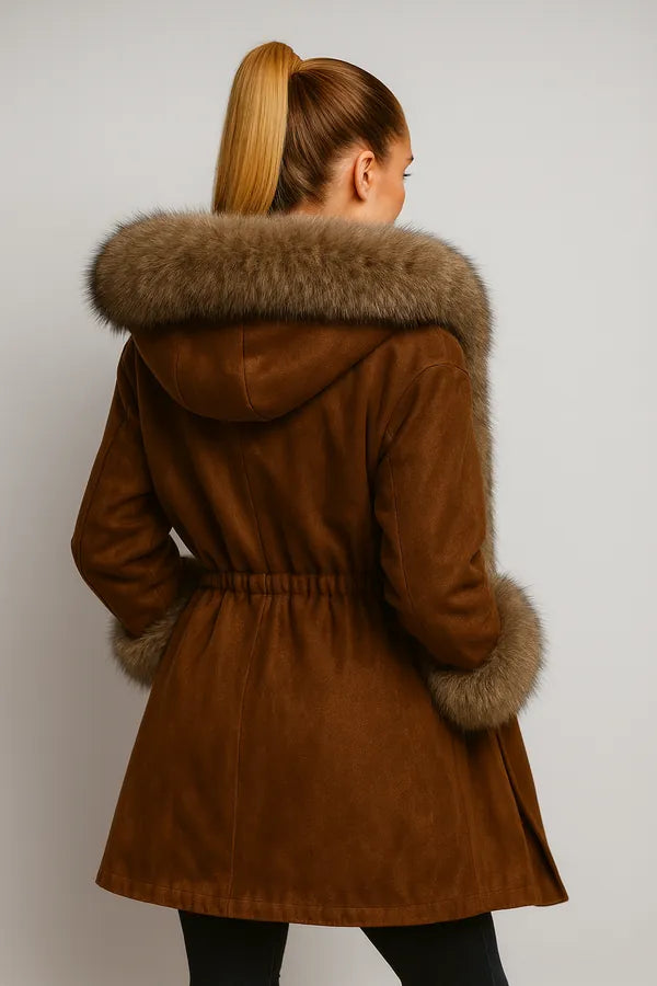 Back view of women's brown coat with faux fur hood and cuffs - elegant winter outerwear