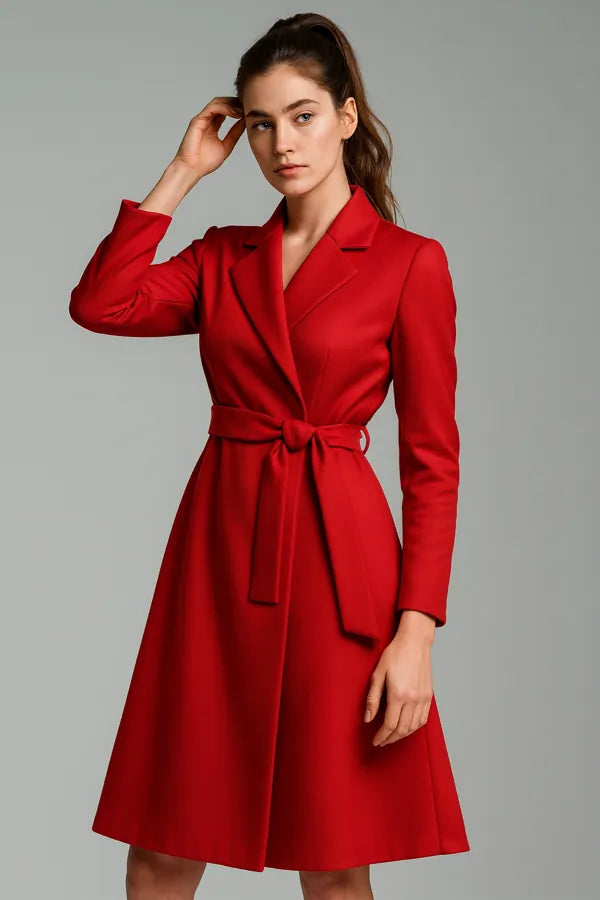 Elegant red belted coat for women - long sleeve fall fashion outerwear