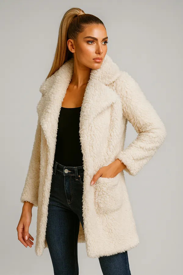 Women's long white teddy faux fur coat with pockets - cozy winter outerwear