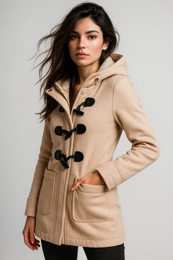 Women's beige duffle coat with hood, toggle buttons and front pockets