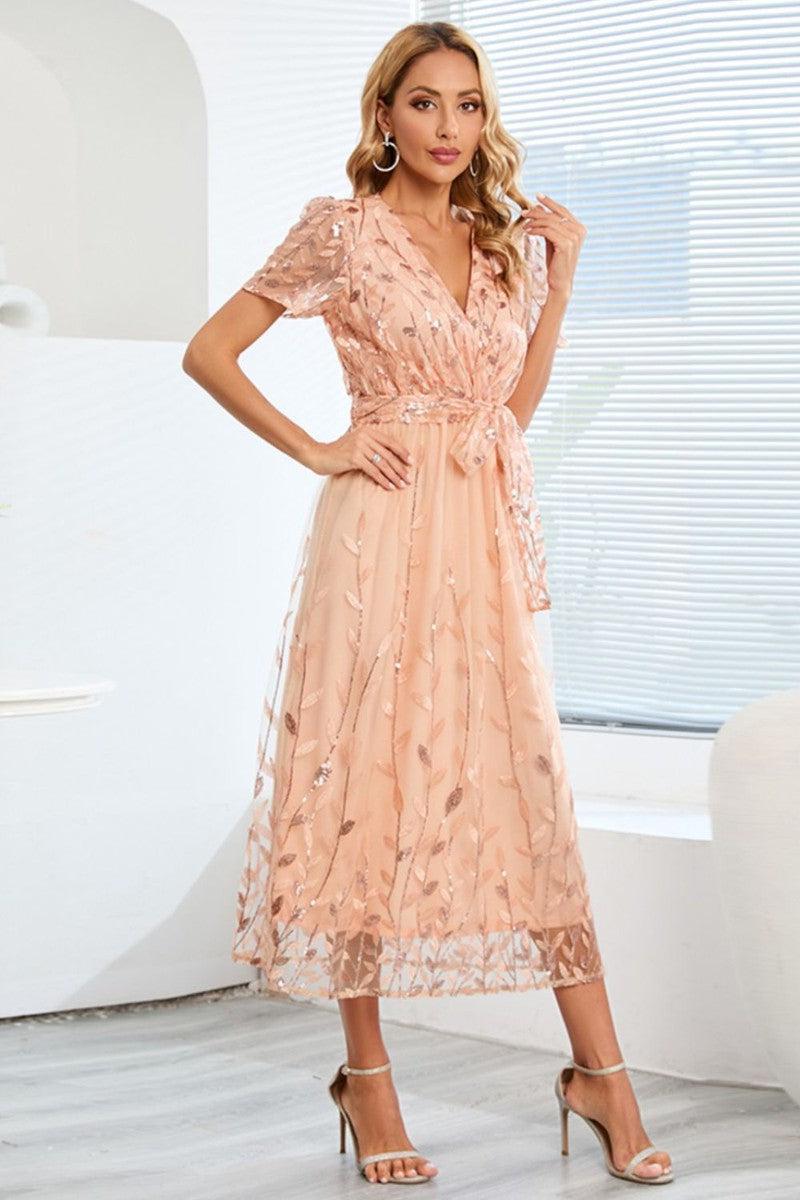 Sequin Leaf Embroidery Tie Front Short Sleeve Dress-24