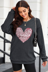 Heart Sequin Round Neck Sweatshirt-Black-1