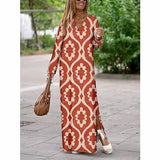 Summer Chic: Geometric Printed V-Neck Long Dress with Slit & Long Sleeves