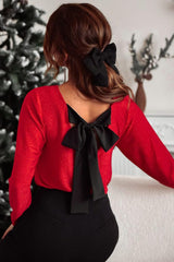 Bowknot V-Neck Long Sleeve Blouse-2