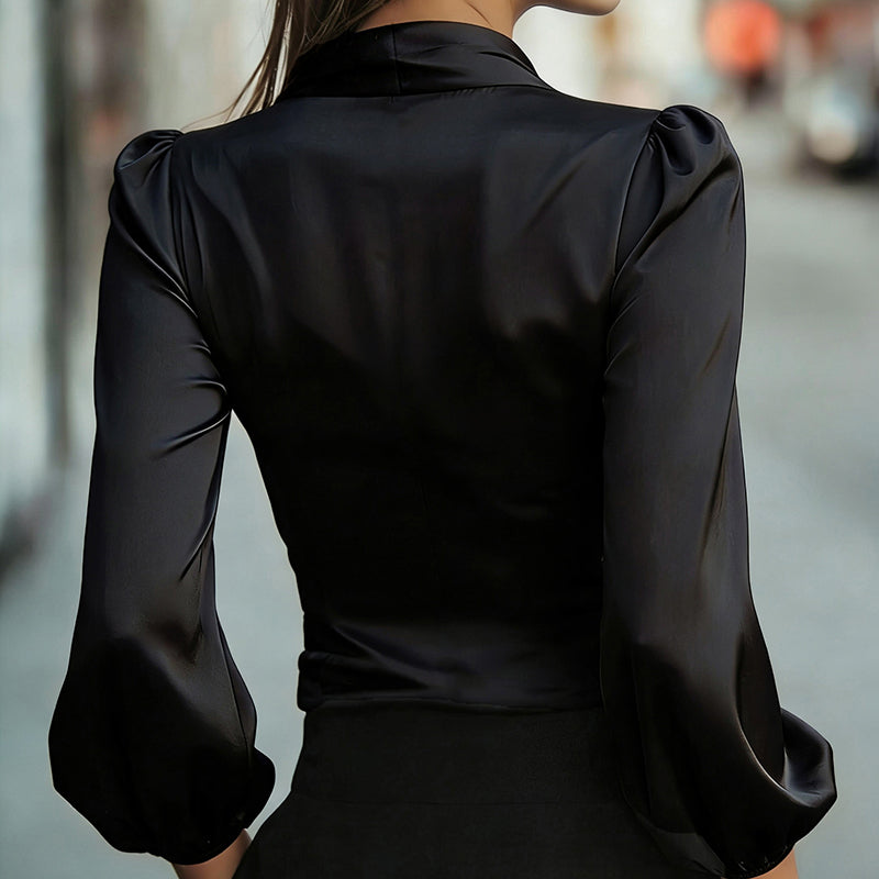 Satin V-Neck Tie Waist Blouse