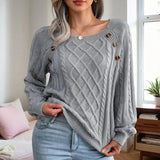 Women’s grey cable-knit sweater with button accents – warm casual pullover